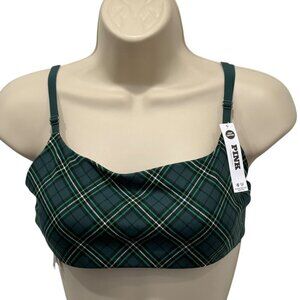 Victorias Secret Pink Green Plaid Square Neck Sports Bra Light Support Medium